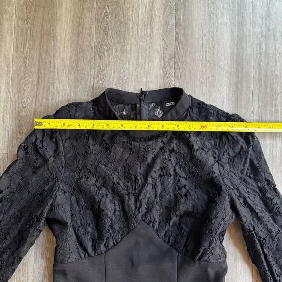 ASOS Mini Dress Black Sz 0 High Neck Skate Lace Insert & Lace Sleeves Stretch - Picture 5 of 16